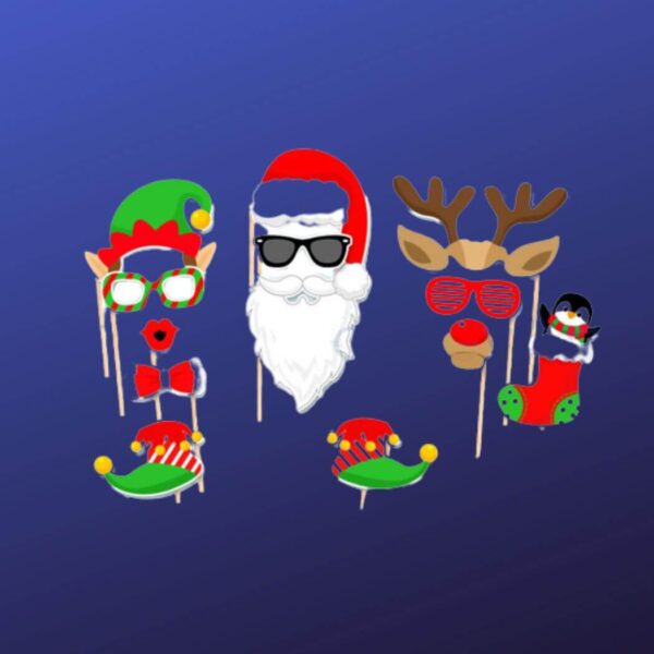 christmas photo props, various christmas photo booth props, christmas photo shoot props, blue backdrop